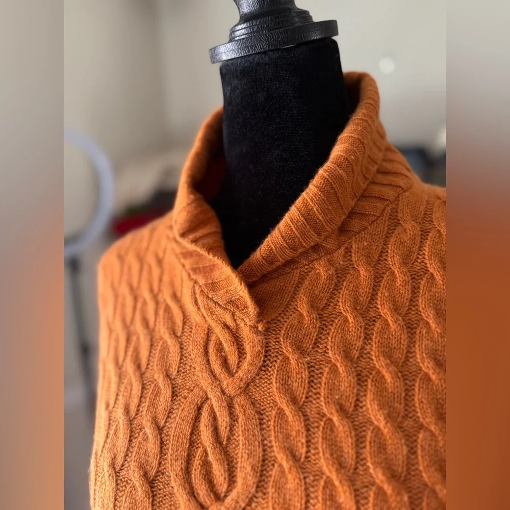 Cashmere Cable Knit Orange Sweater, Shawl Collar. Measures Small-Medium_5